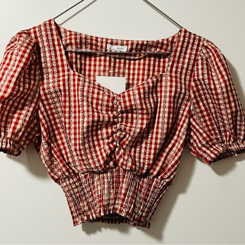 Summer collar puff sleeve plaid top short shirt shirt women's 2023